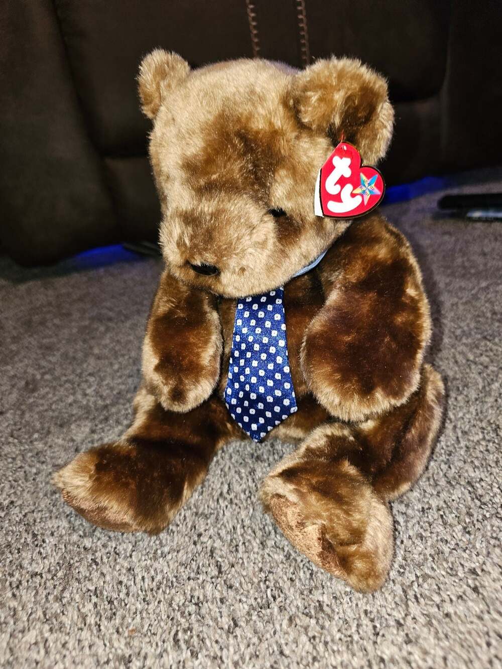 Ty Beanie Buddy Hero Brown Bear with Blue Polka Dot Tie